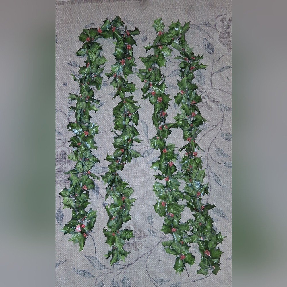 (2) 7 ft Holly w/Red Berries Garland NWT